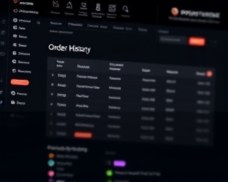sophisticated ecommerce design, refined, showing an order history page, photorealistic, clear and concise information presentation, highly detailed, animated progress bars, ultra-sharp visuals, dark and contrasting theme, focused lighting, shot with a macro lens