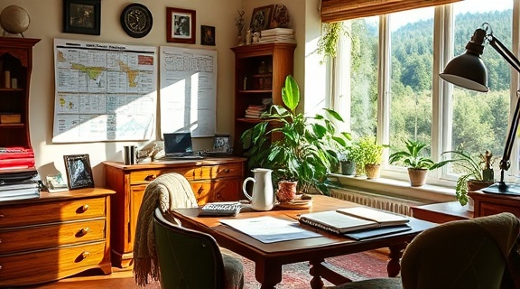 strategic SEO audit, thoughtful, analyzing data, photorealistic, cozy home office with vintage decor, highly detailed, spreadsheets and reports, 4K resolution, earthy color palette, natural sunlight, shot with a 50mm lens