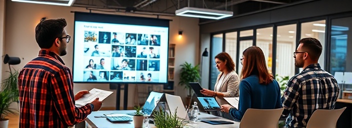 enthusiastic web design team, presenting concepts, explaining their designs, photorealistic, open-plan office with collaborative spaces, highly detailed, presentation slides projected on a screen, intricate compositions, vibrant colors, mixed natural and artificial lighting, shot with a 35mm lens