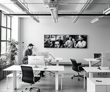 clean responsivewebsite, minimalist design, smooth browsing, photorealistic, modern co-working space with shared screens, highly detailed, responsive elements, high resolution, monochrome theme, soft directional light, shot with a 24-70mm lens