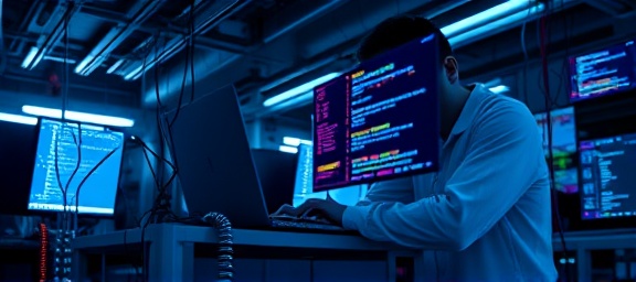 dedicated website repair, IT specialist, typing code on a laptop, photorealistic, tech-laden workspace with hanging wires and LED lights, highly detailed, fast-typing effect with motion lines, full HD, cool blue tones, diffused overhead lighting, shot with a 35mm lens