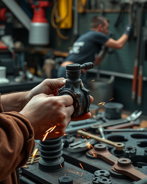 engaged maintenance tools, mechanic's hands, adjusting intricate components, photorealistic, cluttered workshop with scattered tools and parts, highly detailed, sparks and motion blur, 8K resolution, vibrant metals and textures, directed halogen lighting, shot with a macro lens