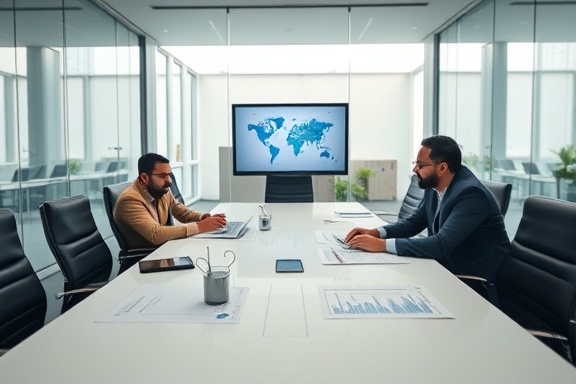 detailed SEO analysis, concentrated, presenting findings, photorealistic, corporate conference room with glass walls, highly detailed, graphs and reports on table, 8K resolution, neutral color tones, natural daylight, shot with an 85mm lens