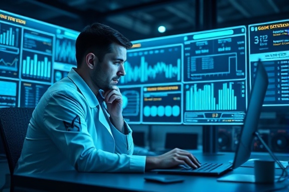 Efficient digital CMS, thoughtful, managing content, photorealistic, futuristic workstation with holographic interfaces, highly detailed, real-time data updates, electric blues and whites, ambient lighting, shot with an 85mm lens.
