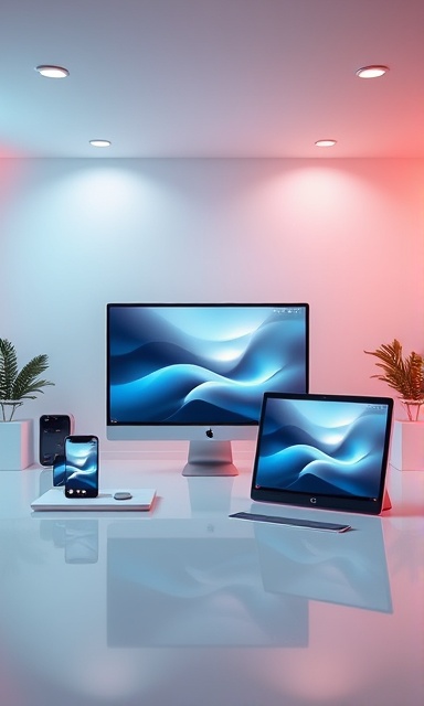 innovative responsiveui, user-friendly experience, engaging navigation, photorealistic, sleek studio environment with multiple devices, highly detailed, dynamic animations, ultra-high definition, warm pastels, ambient lighting, shot with a 35mm lens