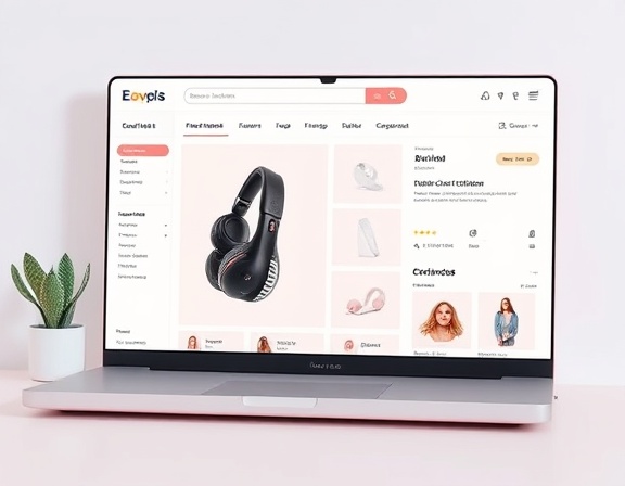trendy ecommerce UI design, sleek, displaying a product page, photorealistic, well-organized interface, highly detailed, smooth transitions and animations, crisp resolution, pastel colors, soft lighting, shot with a wide-angle lens