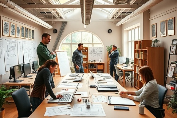 innovative web design, imaginative elements, brainstorming, photorealistic, open office with design sketches, highly detailed, dynamic workflow, ultra-wide shot, warm color scheme, natural daylight, shot with a 24mm lens