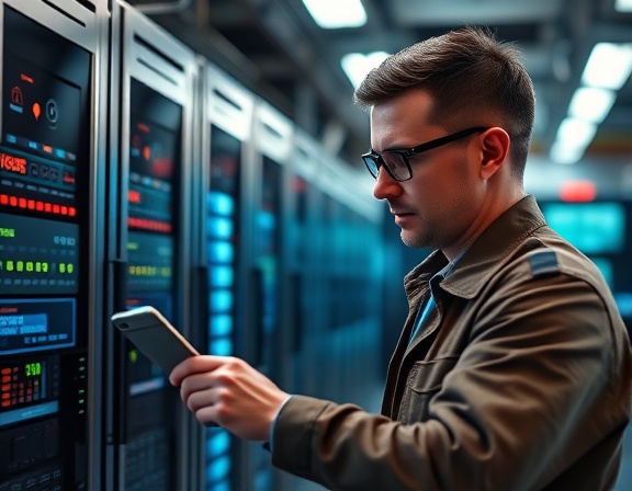 Advanced CMS integration, focused, troubleshooting, photorealistic, tech-savvy environment with servers and software, highly detailed, dynamic and interactive elements, vivid colors, soft overhead lighting, shot with a 50mm lens.