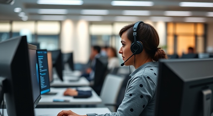 efficient website support, customer service agent, responding to queries on a headset, photorealistic, sleek open-plan office with desktops and headsets, highly detailed, screen glow and animated user interface on the monitor, 4K resolution, neutral tones with pops of color, balanced artificial lighting, shot with a 24mm lens