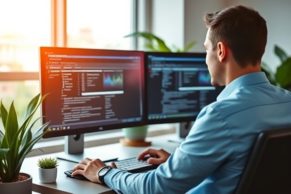 smooth website update, programmer, uploading new design, photorealistic, modern office cubicle with dual monitors and plants, highly detailed, dynamic screen reflections and subtle glare, 5K resolution, warm and inviting colors, soft natural lighting from a window, shot with an 85mm lens