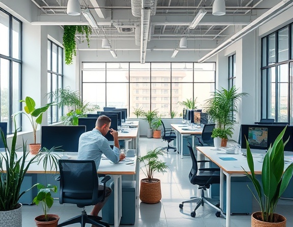 innovative redesign process, designer sketching ideas, deep in thought, photorealistic, open-concept office with potted plants and large desks, highly detailed, computer screen reflections, 8K resolution, pastel color palette, soft lighting, shot with a macro lens.