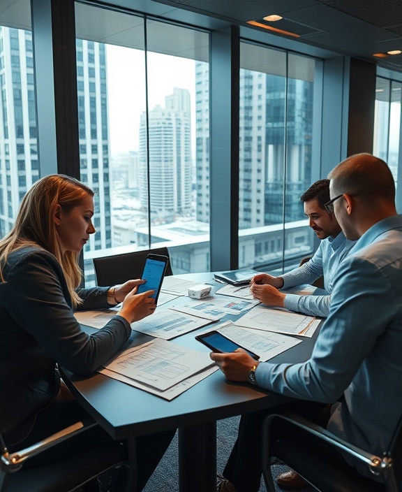creative design meeting, deeply engaged, evaluating wireframes, photorealistic, glass-walled meeting room with urban views, highly detailed, papers, tablets, and smartphones in use, contextually rich, varied hues with dominant cool tones, spot lighting, shot with a 50mm lens
