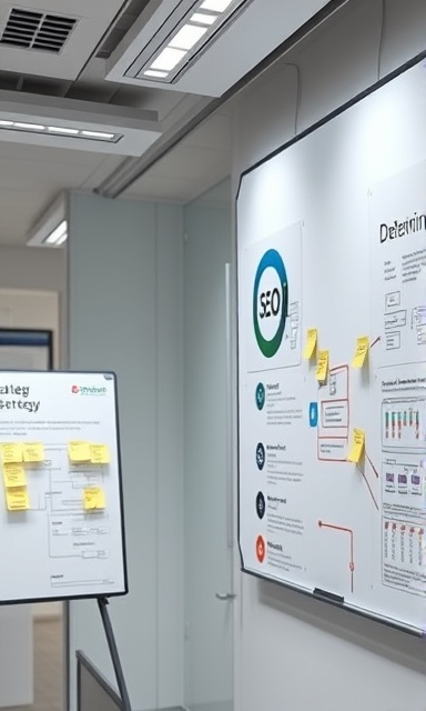 comprehensive SEO strategy, determined, planning campaign, photorealistic, sleek modern office with whiteboards, highly detailed, flowcharts and sticky notes, 6K resolution, balanced color contrast, soft focused lighting, shot with a 24mm lens