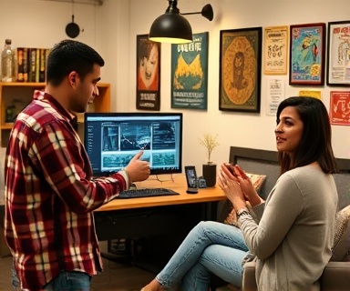 dynamic website update, team members discussing changes, engaged discussion, photorealistic, cozy tech office with wooden accents and posters, highly detailed, animated gestures, ultra HD quality, neutral tones with pops of color, overhead lighting, shot with a 70-200mm lens.