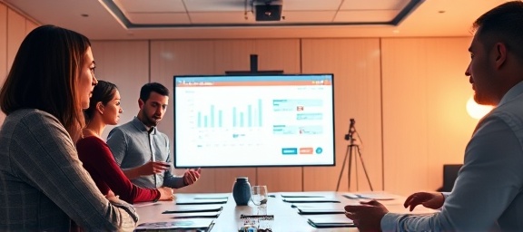 creative redesign concept, team reviewing prototypes, collaborative effort, photorealistic, well-lit conference room with a large screen and charts, highly detailed, prototype displays clear, 12K resolution, warm color scheme, diffused lighting, shot with a 35mm lens.