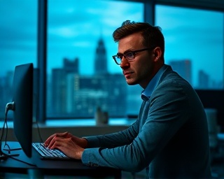 sophisticated web developer, intent expression, testing new features, photorealistic, high-tech office with a skyline view of Manchester, highly detailed, multiple devices, deep hues, early morning light, shot with a 85mm lens