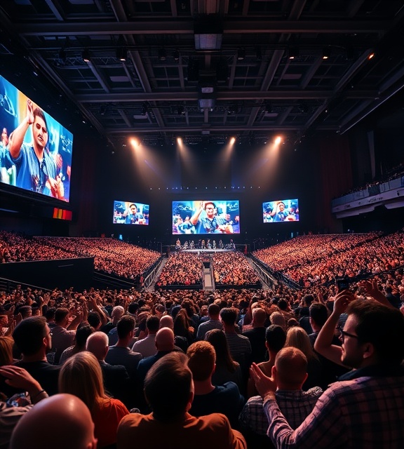 cutting-edge design Manchester, proud expression, showcasing a new website, photorealistic, auditorium with audience in Manchester, highly detailed, large screens and applause, vivid colors, spotlight lighting, shot with a 85mm lens