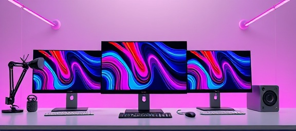 versatile responsivedesign, adaptive layout, interactive display, photorealistic, digital agency with multiple workstations, highly detailed, fluid motion graphics, 4K quality, vivid shades, studio lighting, shot with a telephoto lens