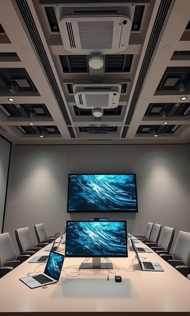 professional design website, polished aesthetics, presentations, photorealistic, corporate meeting room with laptop screens, highly detailed, interactive elements, 6K resolution, neutral colors, overhead lighting, shot with a 70mm lens