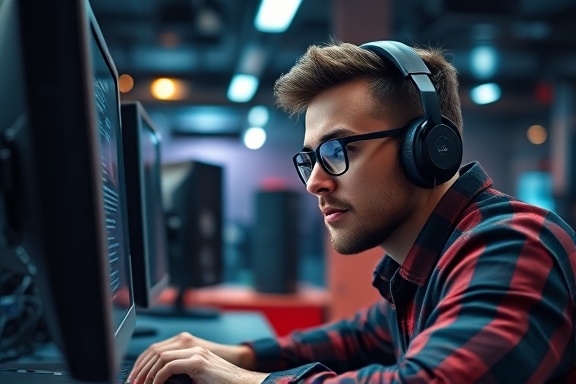 dynamic web development, focused expression, debugging code, photorealistic, tech hub in Manchester, highly detailed, advanced computer setups, contrasting colors, overhead lighting, shot with a 35mm lens